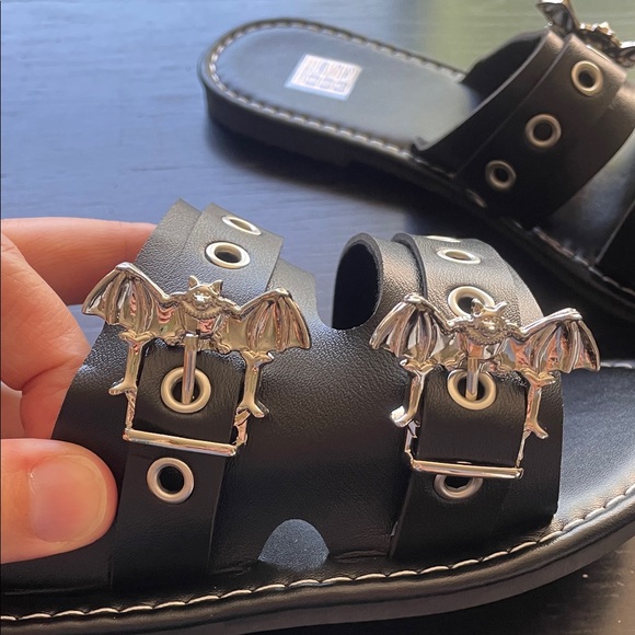 Black Slide Sandals with Silver BAT Accents - Picture 3 of 5